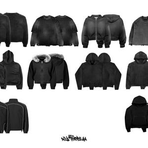 May include: A set of 10 black hoodies, sweatshirts, and jackets. The clothing items are arranged in rows and are all made of a soft, comfortable fabric. The clothing items are all in a distressed, vintage style.