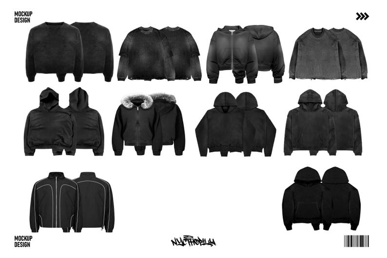 May include: A set of 10 black hoodies, sweatshirts, and jackets. The clothing items are arranged in rows and are all made of a soft, comfortable fabric. The clothing items are all in a distressed, vintage style.