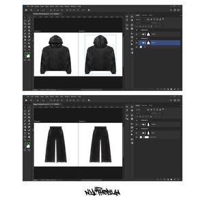 May include: Two images showing a black hoodie mockup with a camouflage pattern. The hoodie is shown in two different views, one from the front and one from the back. The second image shows two black wide-leg pants mockups. The pants are shown in two different views, one from the front and one from the back.