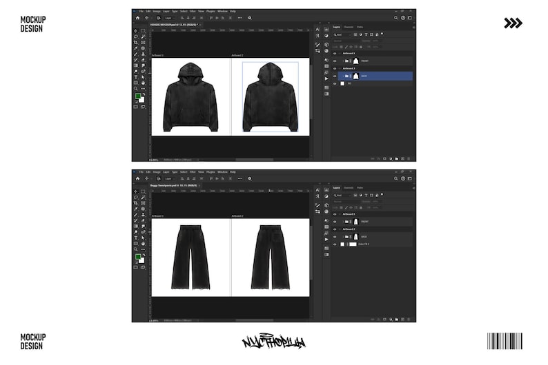 May include: Two images showing a black hoodie mockup with a camouflage pattern. The hoodie is shown in two different views, one from the front and one from the back. The second image shows two black wide-leg pants mockups. The pants are shown in two different views, one from the front and one from the back.