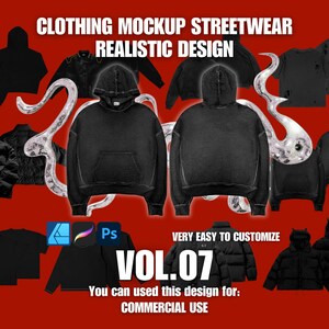 Puede incluir: Un diseño de maqueta con varias prendas de ropa urbana negra, incluyendo sudaderas con capucha, chaquetas y camisetas, sobre un fondo rojo. El texto "CLOTHING MOCKUP STREETWEAR REALISTIC DESIGN" se muestra en la parte superior. El diseño está etiquetado como "VOL.07" e indica que es fácil de personalizar para uso comercial.