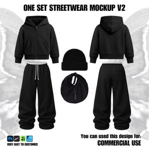 May include: Black streetwear mockup set featuring a zip-up hoodie, sweatpants, beanie, and a drawstring bag. The set includes front and back views of the hoodie and pants. The text "ONE SET STREETWEAR MOCKUP V2" is at the top. The text "VERY EASY TO CUSTOMIZE" and "COMMERCIAL USE" are also included.