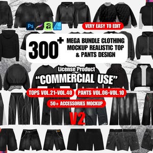 Puede incluir: Una colección de maquetas de ropa negra, que incluye sudaderas con capucha, chaquetas y pantalones. La imagen presenta el texto "300+ MEGA BUNDLE CLOTHING MOCKUP REALISTIC TOP & PANTS DESIGN" y "COMMERCIAL USE".