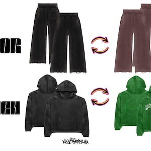 May include: Mockup design of two pairs of wide-leg pants in black and brown, and two hoodies in black and green. The text "YOU CAN CHANGE COLOR" and "YOU CAN ADD YOUR DESIGN" is visible on the image.