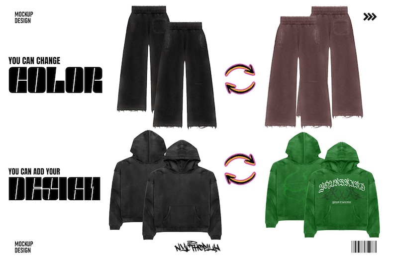 May include: Mockup design of two pairs of wide-leg pants in black and brown, and two hoodies in black and green. The text "YOU CAN CHANGE COLOR" and "YOU CAN ADD YOUR DESIGN" is visible on the image.