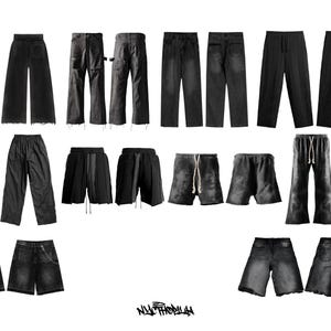 May include: A collection of black pants and shorts in various styles, including wide-leg, straight-leg, and cuffed. The pants and shorts are all made of a soft, comfortable fabric and have a relaxed fit.
