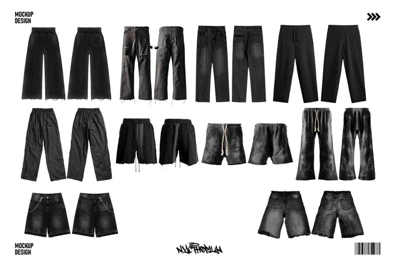 May include: A collection of black pants and shorts in various styles, including wide-leg, straight-leg, and cuffed. The pants and shorts are all made of a soft, comfortable fabric and have a relaxed fit.