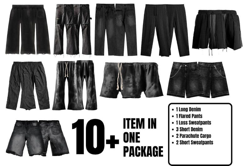 May include: A set of 10 black pants and shorts, including long denim, flared pants, sweatpants, short denim, parachute cargo pants, and short sweatpants. The text "10+ ITEM IN ONE PACKAGE" is displayed on the image.