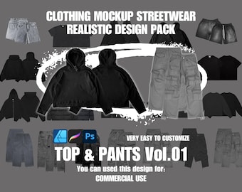 Kledingmodel top en broek realistisch 4K streetwear-ontwerppakket vol.01, Techpack-model realistisch psd-ontwerp, streetwear-modelpakket