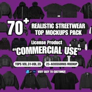 Puede incluir: Una colección de maquetas de tops de streetwear negros, incluyendo chaquetas, sudaderas con capucha y camisetas, sobre un fondo morado. La imagen incluye texto que dice "70+ REALISTIC STREETWEAR TOP MOCKUPS PACK" y "COMMERCIAL USE".
