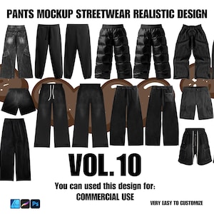 Puede incluir: Una colección de pantalones y shorts negros en varios estilos, incluyendo vaqueros, pantalones deportivos y shorts cargo. La imagen incluye el texto "PANTS MOCKUP STREETWEAR REALISTIC DESIGN" y "VOL. 10". El diseño es para uso comercial y es muy fácil de personalizar.