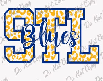 May include: A graphic design featuring the letters STL in a blue outline with a yellow and white leopard print pattern inside. The word "Blues" is written in blue cursive script below the letters.
