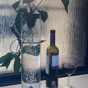 Könnte beinhalten: Eine klare Glasvase mit einer grünen Pflanze, die im Wasser wächst. Die Pflanze hat lange, herabhängende Ranken. Eine Flasche Rotwein und ein Glas Rotwein stehen auf dem Tisch neben der Vase.