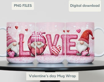 Roze Valentijnsdag kabouter mok wrap PNG schattig kabouter stel met liefde harten en ballonnen mok ontwerp voor liefhebbers sublimatie direct downloaden