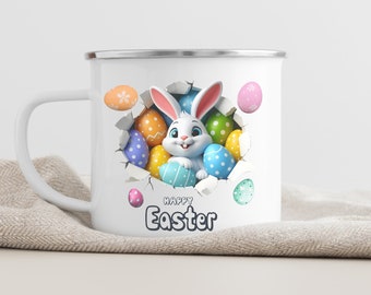 Personalized Adorable kids Easter Bunny Enamel Mug Cute Rabbit and Egg Design Custom Kids Happy Easter Bunny Mug Easter kids gift Easter Cup