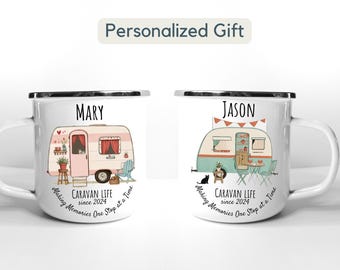 Personalized Campervan Enamel Camp Mug Gift Custom Camper Van Gift Couple Travel Mug Present Accessories Camping Retro Caravan His And Hers