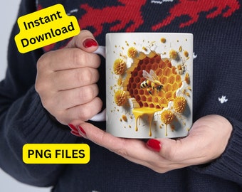 May include: White ceramic mug featuring a 3D design of a honeycomb with a bee inside. The honeycomb is surrounded by yellow flowers. The mug is being held in someone's hand.