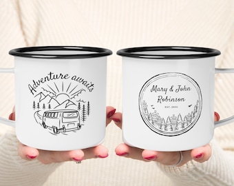 Aangepaste bruiloft mok cadeau gepersonaliseerde berg camping bruiloft paar emaille mok, verloving jonggehuwde verjaardag cadeaus voor bruid bruidegom mok