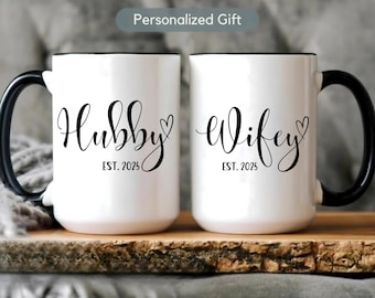 Personalized Wedding Gift Mr Mrs Mugs Custom Hubby Wifey Custom Couple Mug Set, Valentines Lovers, Engagement Bride and Groom Christmas Gift