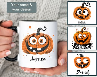 Caneca infantil personalizada com nome e abóbora de Halloween, presente personalizado e divertido, caneca vintage de abóbora de Halloween, presente de outono personalizado