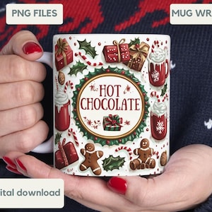 3D Weihnachten Hot Cocoa Aufgeblasene Becher wickeln 11 Unzen und 15 Unzen Becher 3D geschwollene Nordpol Christmas Vibes PNG Becher Sublimation Design Sofortiger Download
