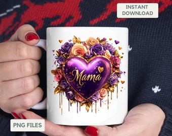 3D Mama Love Heart Roses Flowers Mug Gift Wrap Mother's Day Mug Gift 11oz & 15oz Mug Wrap Template PNG Sublimation Design Instant Download