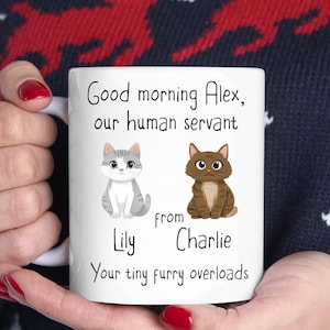 Puede incluir: Taza de cerámica blanca con un mensaje humorístico: "Good morning Alex, our human servant from Lily & Charlie, your tiny furry overloads". La taza presenta ilustraciones de dibujos animados de dos gatos, uno gris y blanco, el otro marrón y blanco.