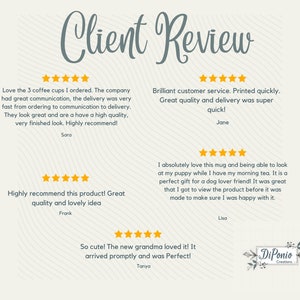 K&ouml;nnte beinhalten: Eine Kundenbewertungs-Grafik mit dem Titel "Client Review" in eleganter Schrift. Das Bild zeigt mehrere Kundenbewertungen mit F&uuml;nf-Sterne-Bewertungen, in denen die Produktqualit&auml;t, der Kundenservice und die Liefergeschwindigkeit gelobt werden. Das Logo von DiPonio Creations befindet sich unten rechts.