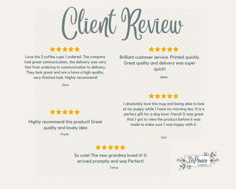 K&ouml;nnte beinhalten: Eine Kundenbewertungs-Grafik mit dem Titel "Client Review" in eleganter Schrift. Das Bild zeigt mehrere Kundenbewertungen mit F&uuml;nf-Sterne-Bewertungen, in denen die Produktqualit&auml;t, der Kundenservice und die Liefergeschwindigkeit gelobt werden. Das Logo von DiPonio Creations befindet sich unten rechts.