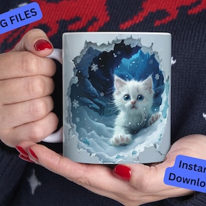 3D Kitten Hole In A Wall Mug Wrap, Cat Snow Mug Coffee Mug Wrap Design Cat Lovers Coffee Mug Wrap PNG Sublimation Design Instant download