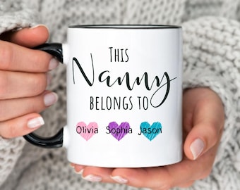 Personlig mors dag-mugg, present till barnflicka, personlig keramikmugg, denna mormor tillhör mormor, barnflicka, mormorsmugg, födelsedagspresent från barnbarn
