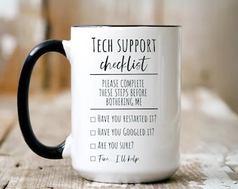 Regalo de taza de soporte técnico, regalo de taza de soporte técnico de lista de verificación divertida, regalo de ingeniero de soporte técnico de oficina, regalo de nerd de soporte técnico de computadora de TI