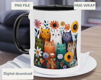 Taza de gato divertida PNG Regalo para amantes de los gatos Envoltura de taza Gatos coloridos Diseño de sublimación de taza de 11 oz Linda taza de café Envoltura de taza Diseño PNG Descarga instantánea