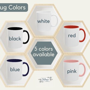 May include: An image showcasing five different colored mugs: black, white, red, blue, and pink. Each mug has a white exterior with a colored interior and handle. The text "Mug Colors" and "5 colors available" are displayed.