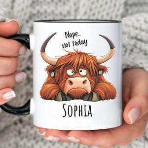 Personalized Funny Highland Cow Mug Gift Nope Not Today Coffee Cup Cute Scottish Cow Gif, Lazy Mood Mug Cow Lover Gift Animal Cartoon Cup