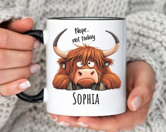 Personalized Funny Highland Cow Mug Gift Nope Not Today Coffee Cup Cute Scottish Cow Gif, Lazy Mood Mug Cow Lover Gift Animal Cartoon Cup