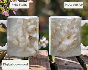 Luxurious White Butterfly Mug Wrap PNG Gift 11oz and 15oz, Butterfly Theme Mug Wrap Clipart for Crafting Sublimation Design Instant download