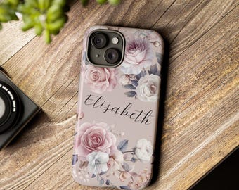 Aangepaste bloemennaam telefoonhoesje cadeau gepersonaliseerde bloemen hoesje, luxe telefoonhoesje stevige hoes rozen goud iPhone 15 Google Pixel Samsung Galaxy