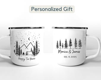 Personalized 10 Years Anniversary Gift for Him Happy Tin Years Mugs, 10th anniversary gifts, 10th Wedding Anniversary for Couple Camp Cups