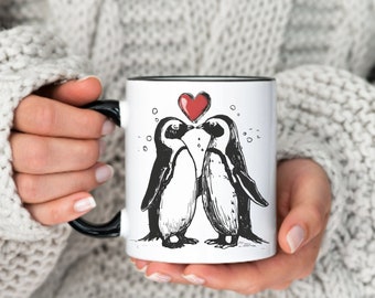 Cute Penguin Couple Mug Gift for Penguin Lover Art Coffee Mug Adorable Love Bird with Heart Penguin Bird Love Heart Mug Romantic couple gift
