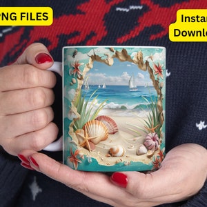 3D Hole in a Wall Beach Landscape Mug Wrap Design Gift 3D Beach Mug, 3D Beach Seashells in Mug Design, 3D Mug, 11oz,15oz Mug Sublimation PNG