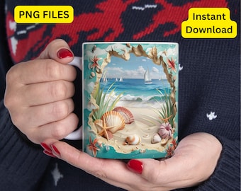 3D Hole in a Wall Beach Landscape Mug Wrap Design Gift 3D Beach Mug, 3D Beach Seashells in Mug Design, 3D Mug, 11oz,15oz Mug Sublimation PNG