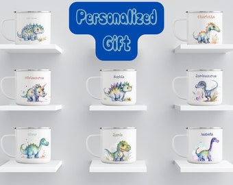 Personlig emaljmugg för camping med dinosaurier, 8 anpassade akvarellgåvor för dinosaurier, personligt namn för barnmuggar för dinosaurieälskare