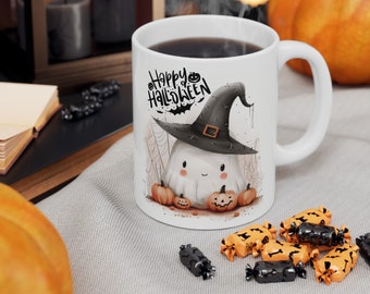 Halloween Pumpkin mug gift, halloween ghost mug witch cauldron for witchy woman gift, fall mug gift, cottagecore coffee mug witch herbs mug
