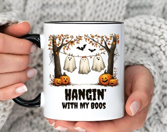 Funny Hanging Ghosts Halloween Mug Gift, Hangin’ with My Boos Mug Halloween Ghost Cute Pumpkin Bat Fall Mug Gift for Friends or Coworker Mug