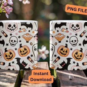 Halloween Pumpkin Mug Wrap 3D Gift Halloween Ghost Mug Gift 3D Skull Mug Design Wrap Halloween Mug PNG, Sublimation Design Instant download