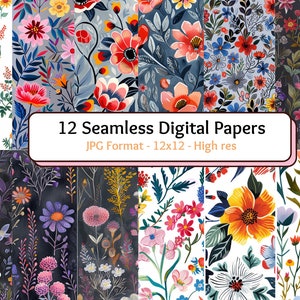May include: Twelve seamless digital papers in JPG format, each measuring 12x12 inches, featuring a variety of floral patterns in vibrant colors. The patterns include a mix of large and small flowers, leaves, and stems.