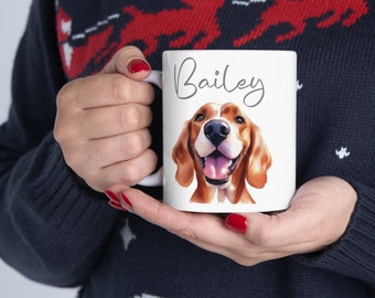 May include: White ceramic mug with a brown and white beagle dog illustration and the name "Bailey" written in cursive on the front.