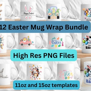 Puede incluir: Doce diseños de envoltura de taza con temática de Pascua que presentan conejos, huevos y otros símbolos de Pascua. Los diseños están en formato PNG y están disponibles en plantillas de 11 oz y 15 oz.