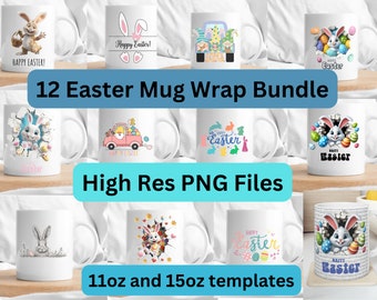 12 Easter Mug Wrap Bundle, Cute Easter Bunny Mug Wrap Sublimation Designs PNG 11oz and 15oz Mug Template 3D Easter Mug Wrap bund le bundling
